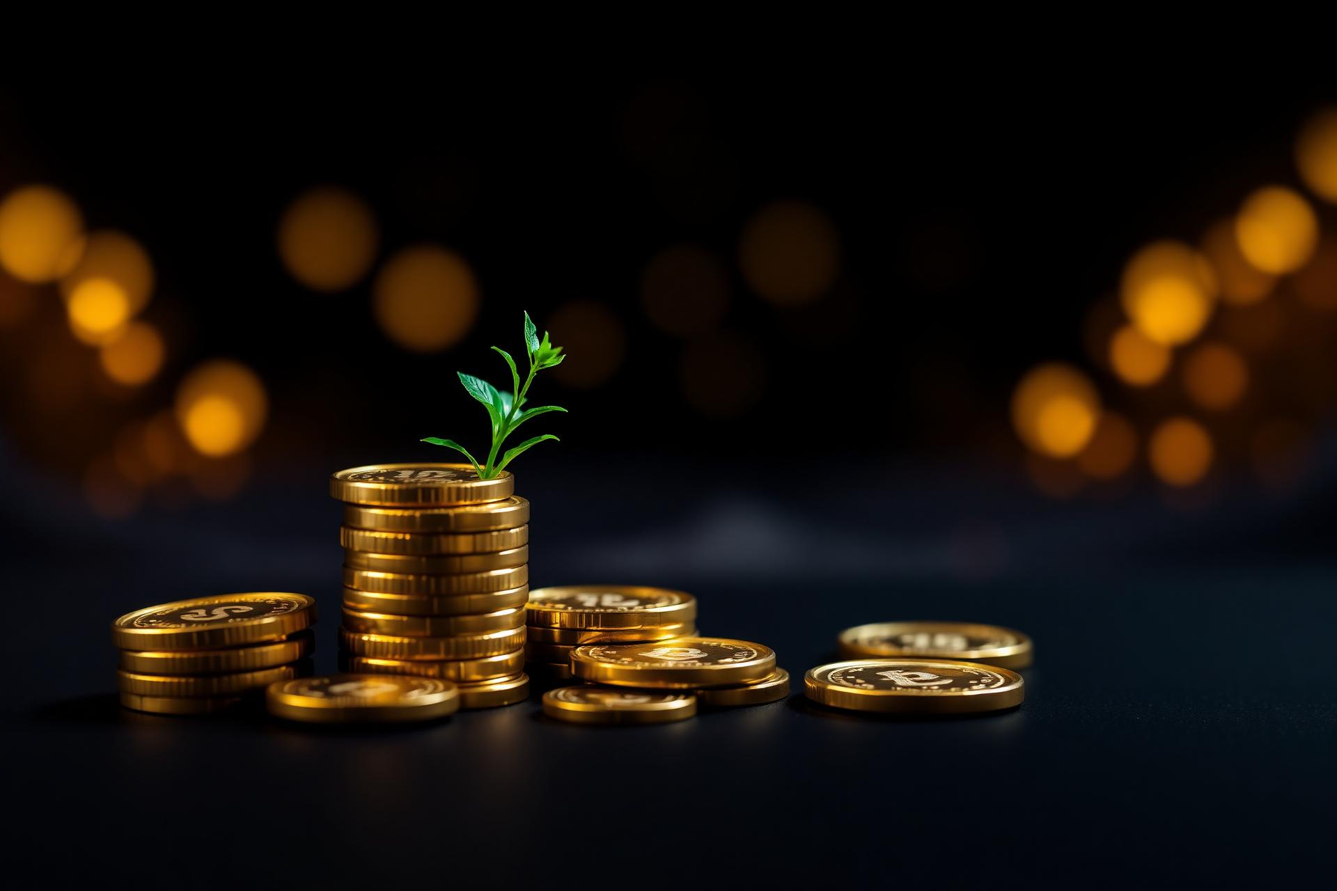 Monedas de oro con crecimiento verde